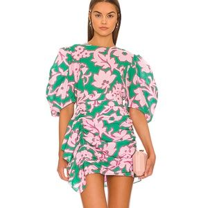 RHODE Pia Dress Take It Easy Green Floral Tropical Print Size Medium Pink Ruffle